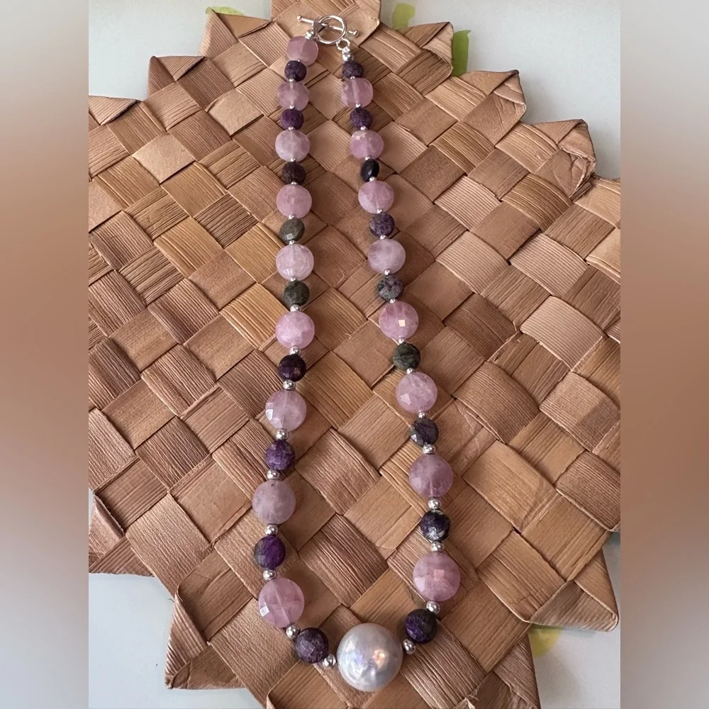 Rose Quartz Atlantisite Coin & freshwater pearl Set in .925 Sterling Silver S14 - Picture 10 of 12